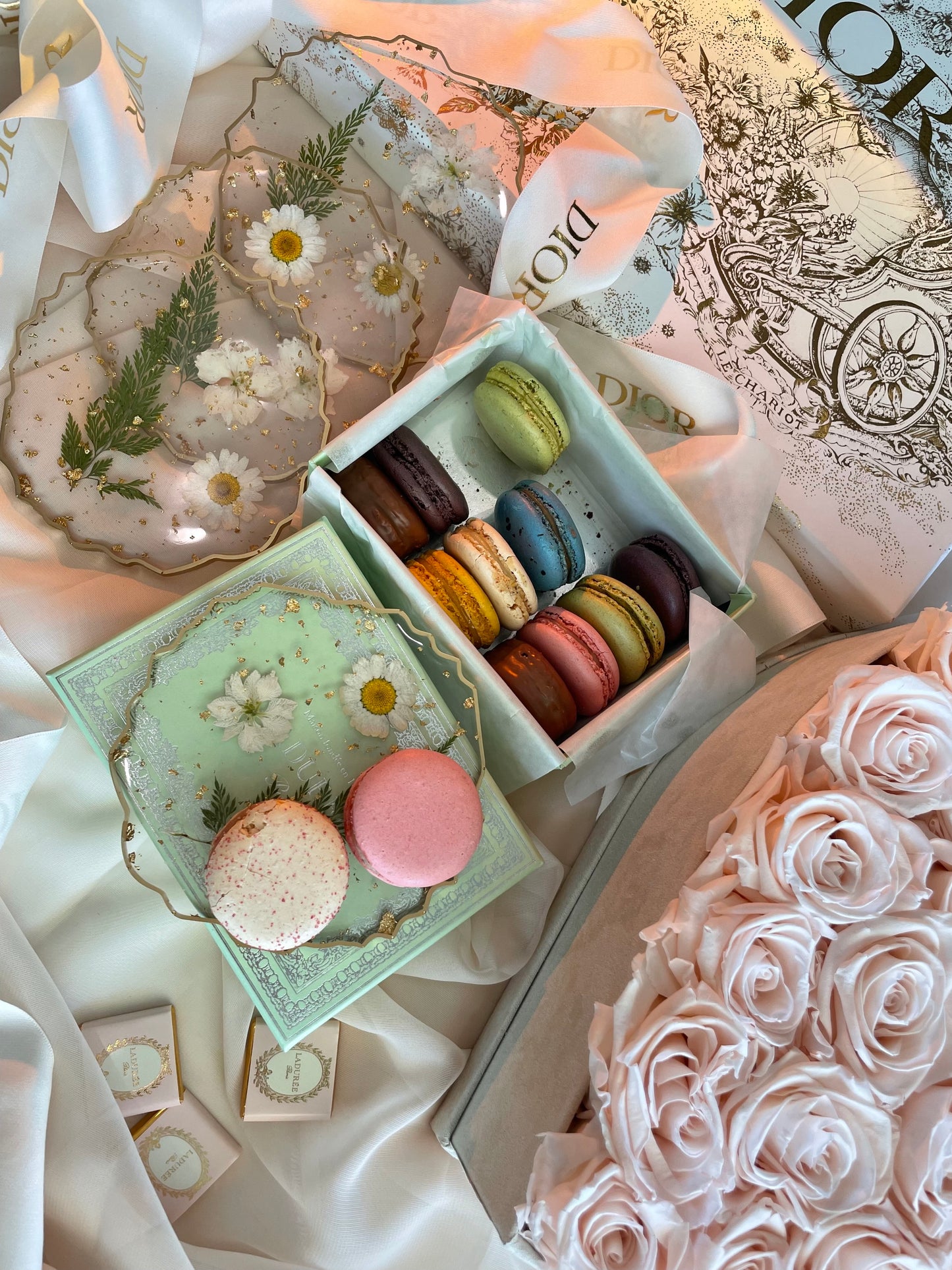 White Floral and Gold Flake Resin Coasters