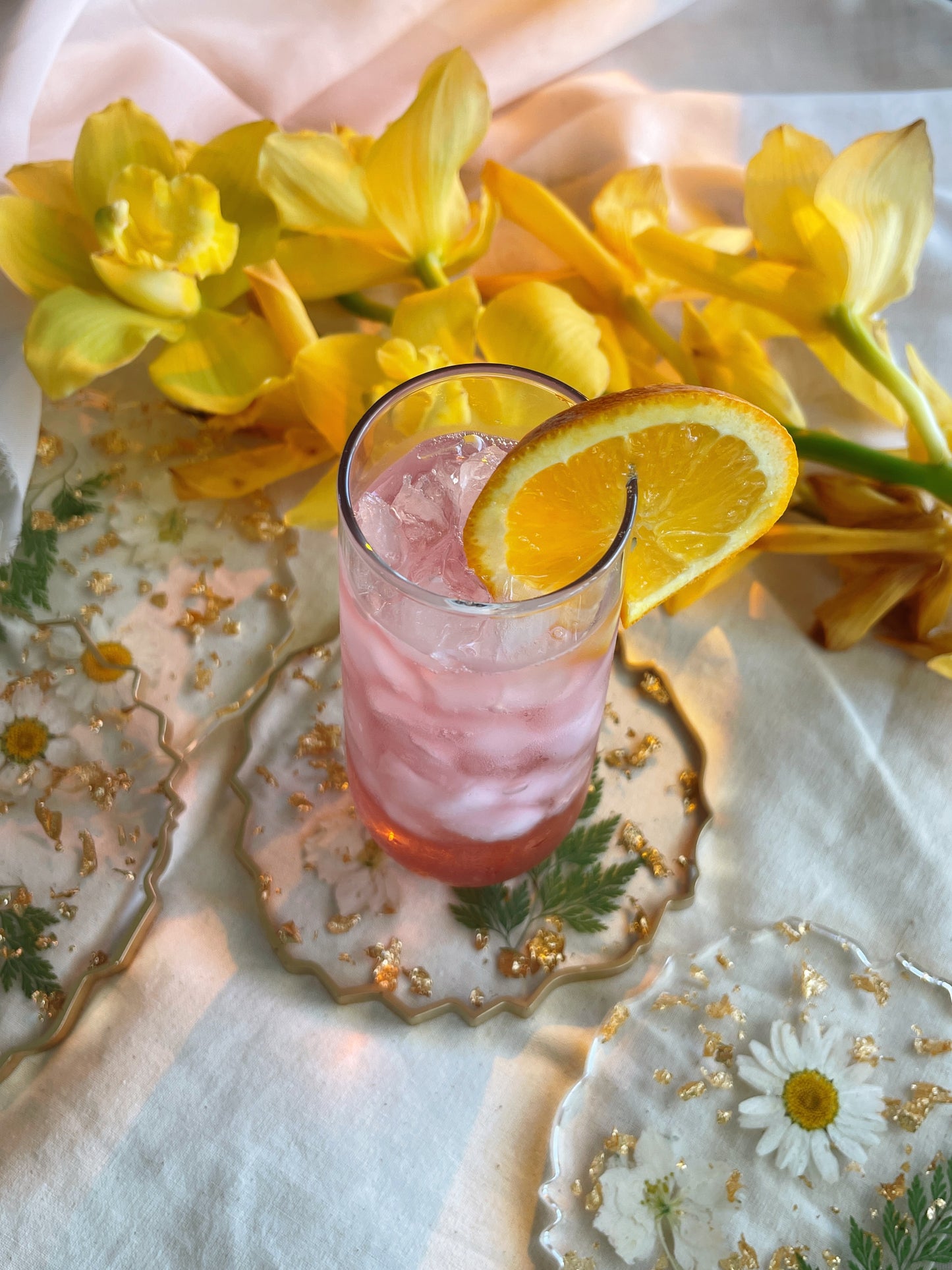 White Floral and Gold Flake Resin Coasters