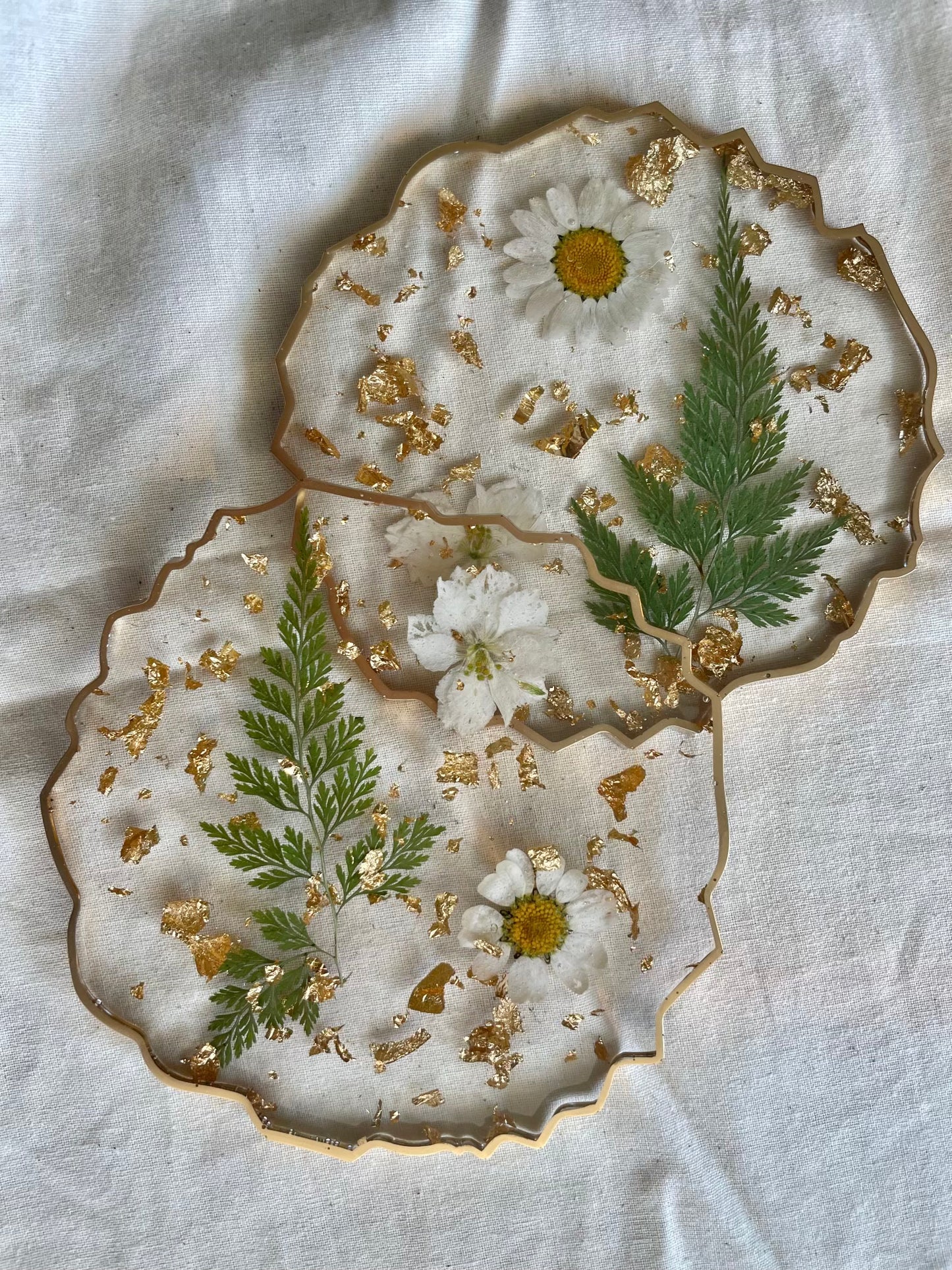 White Floral and Gold Flake Resin Coasters