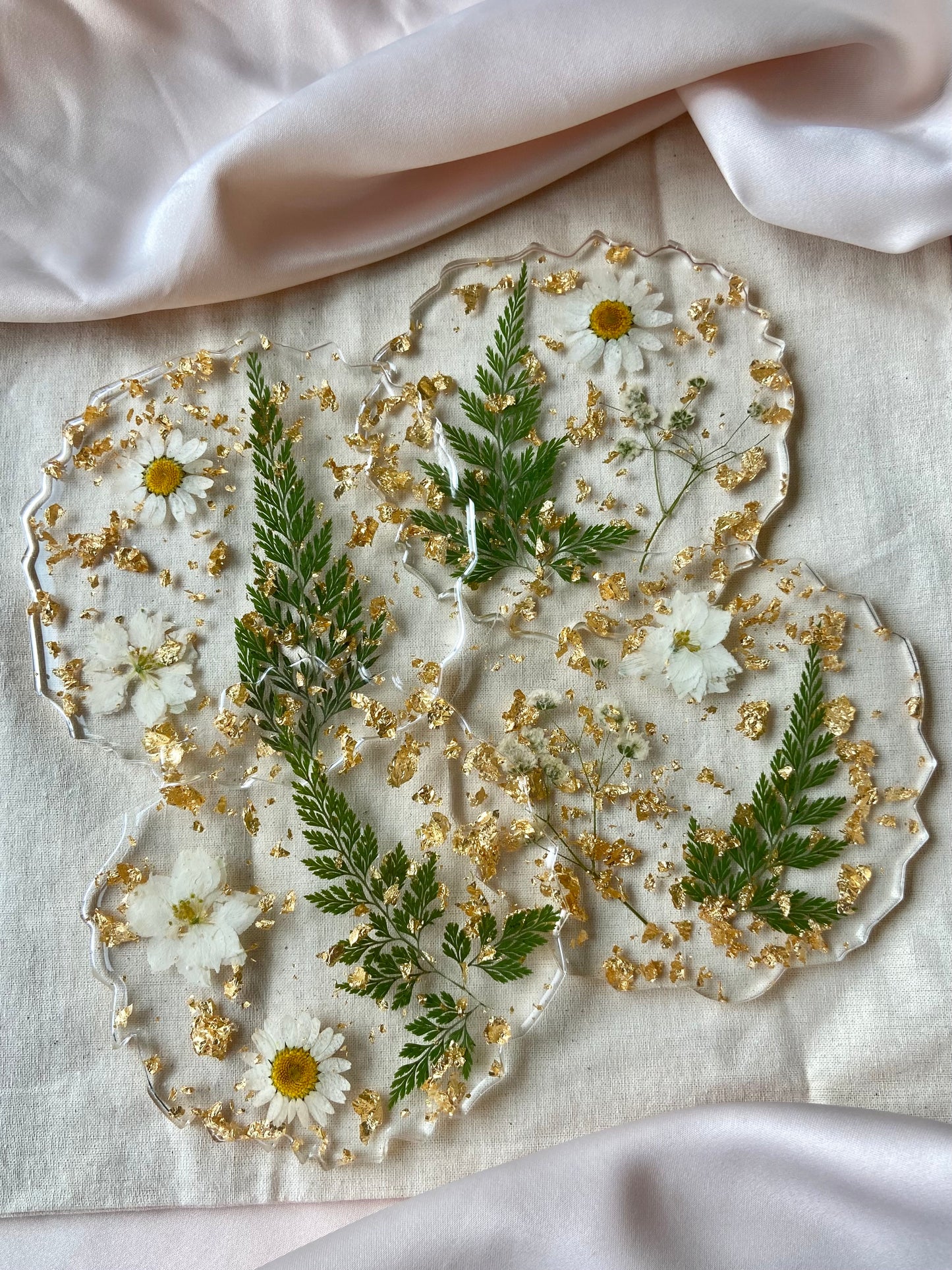 White Floral and Gold Flake Resin Coasters