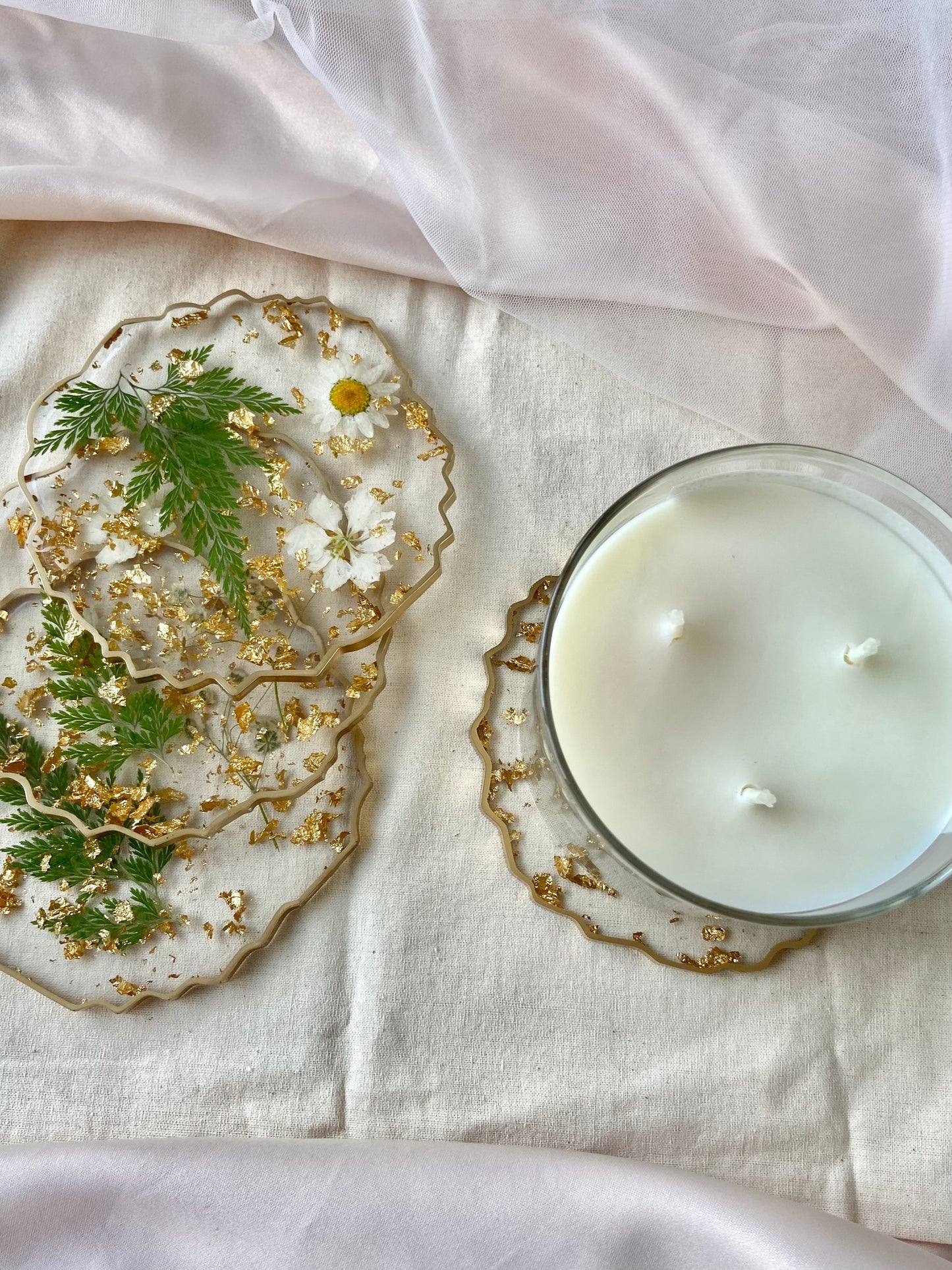 White Floral and Gold Flake Resin Coasters