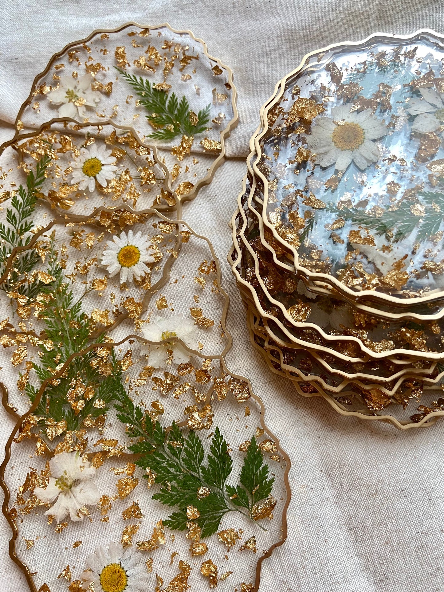 White Floral and Gold Flake Resin Coasters