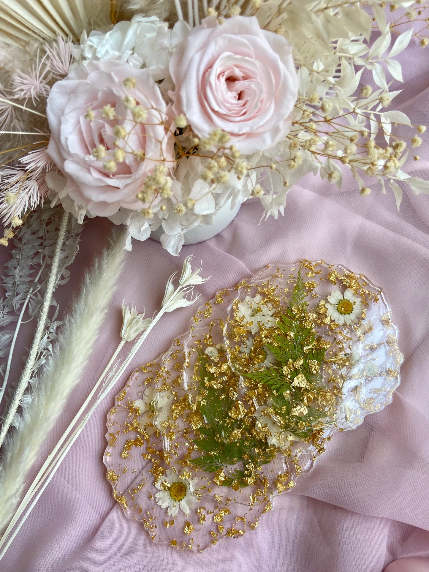 White Floral and Gold Flake Resin Coasters