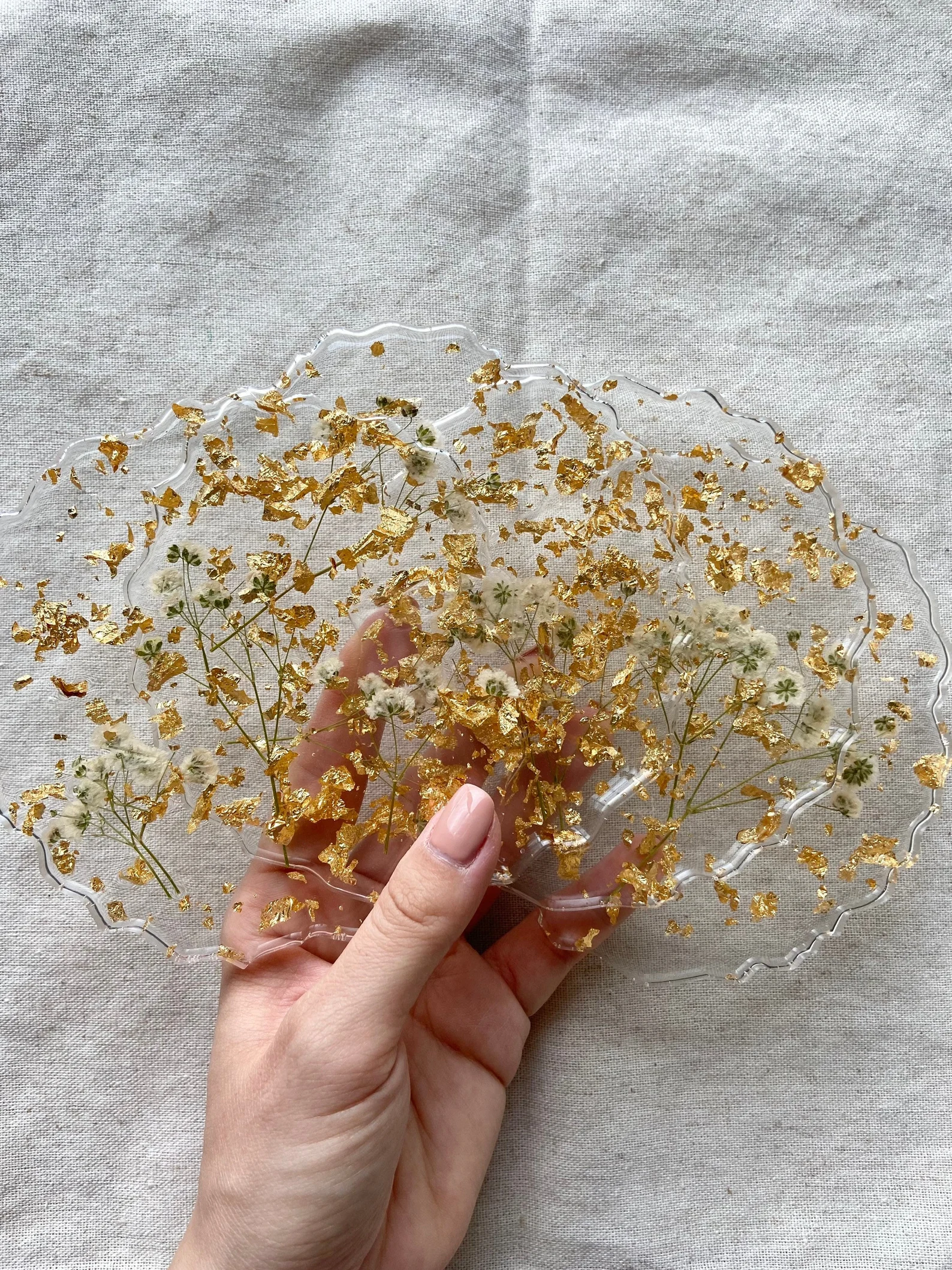 White Floral and Gold Flake Resin Coasters 