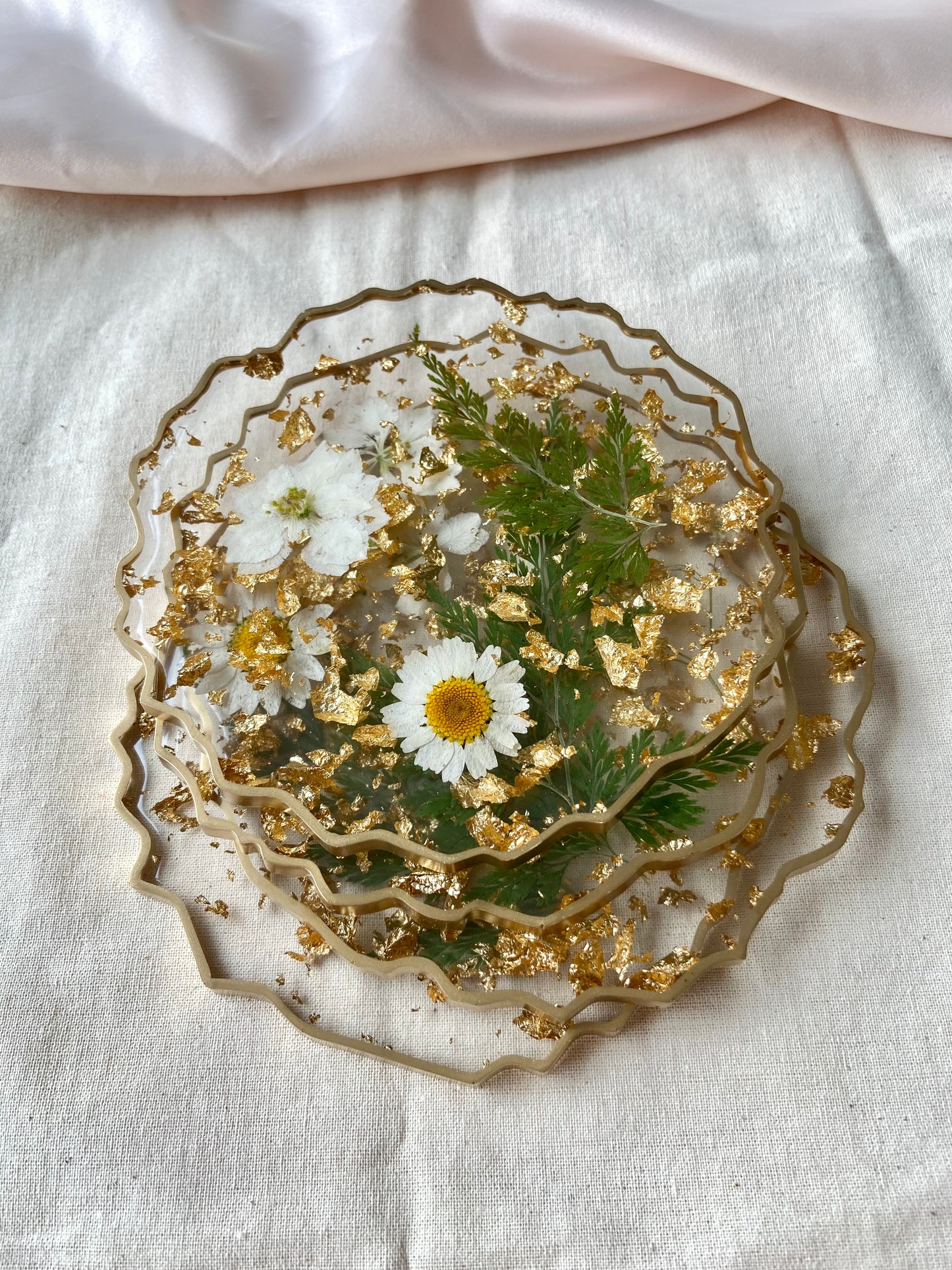 White Floral and Gold Flake Resin Coasters