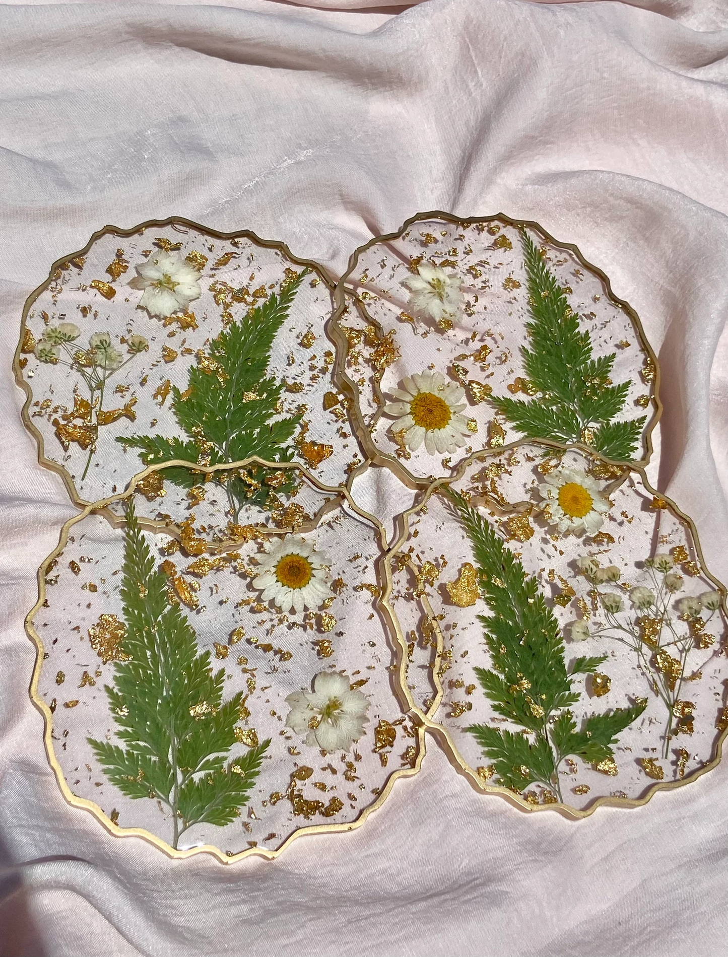 White Floral and Gold Flake Resin Coasters